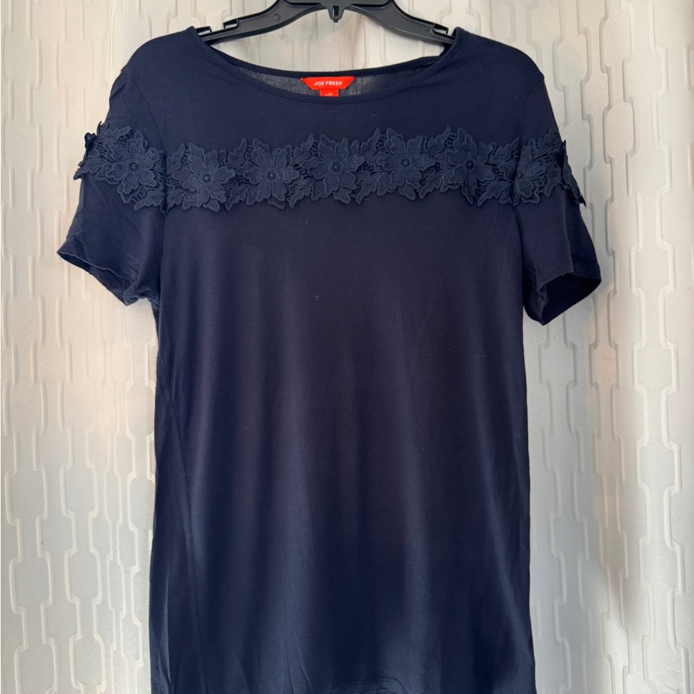 Navy Blue Lace Trim Top- Size L - Picture 2 of 8